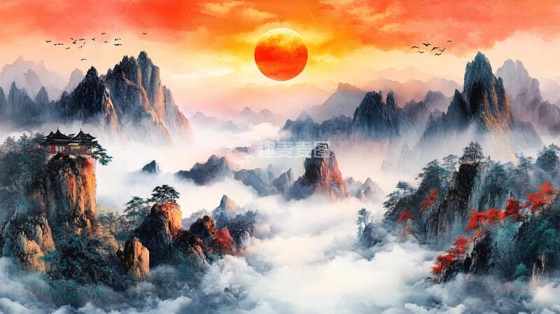 高清大图下载【趣麦麦图】红日水墨山水10
