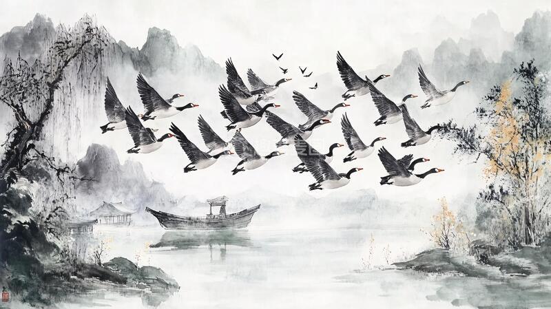 高清大图下载【趣麦麦图】中式意境山水画瑞鹤图2