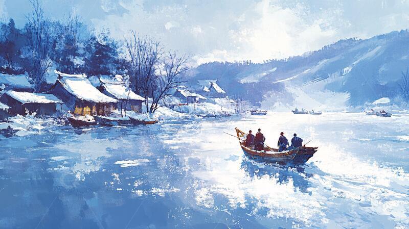 高清大图下载【趣麦麦图】冬日河边小船