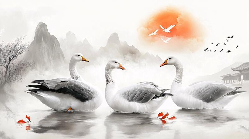 高清大图下载【趣麦麦图】白鹅浮水水墨画