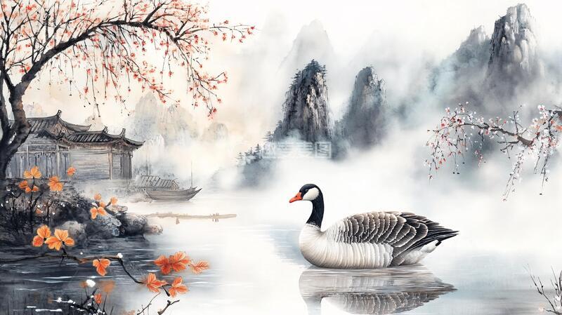 高清大图下载【趣麦麦图】新中式山水银杏叶花鸟