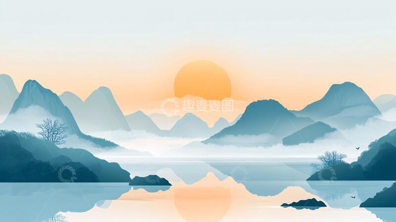 高清大图下载【趣麦麦图】中式山水日出