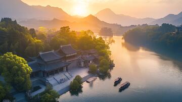 湘湖晨曦晨曦航拍桃花