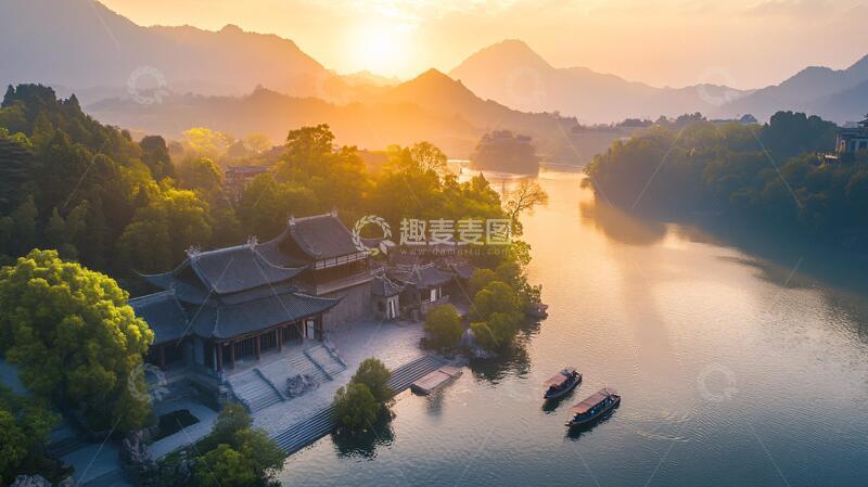 高清大图下载【趣麦麦图】湘湖晨曦晨曦航拍桃花