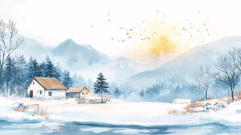 高清大图下载【趣麦麦图】冬日山川风景插画1