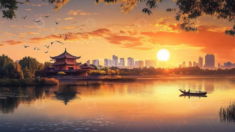 高清大图下载【趣麦麦图】亭台楼阁旭日东升