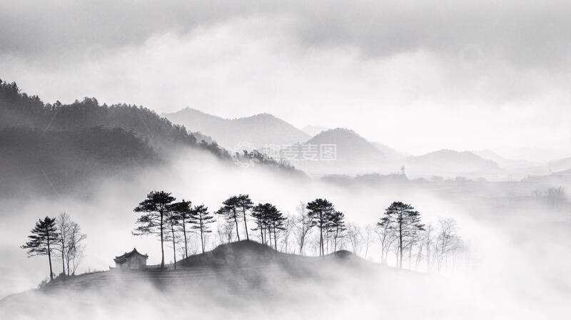 高清大图下载【趣麦麦图】雾锁苍松水墨晨雾苍松