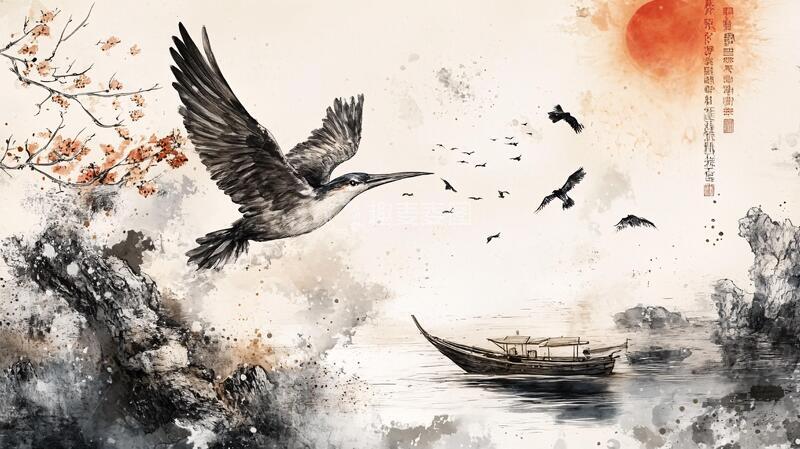 高清大图下载【趣麦麦图】水墨船墨痕飞鸟