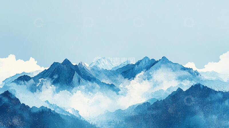 高清大图下载【趣麦麦图】蓝调水墨群山1