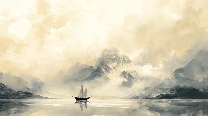 高清大图下载【趣麦麦图】孤舟插画意境插画行舟