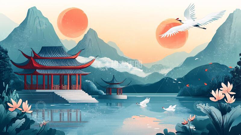 高清大图下载【趣麦麦图】仙鹤楼阁山水插画