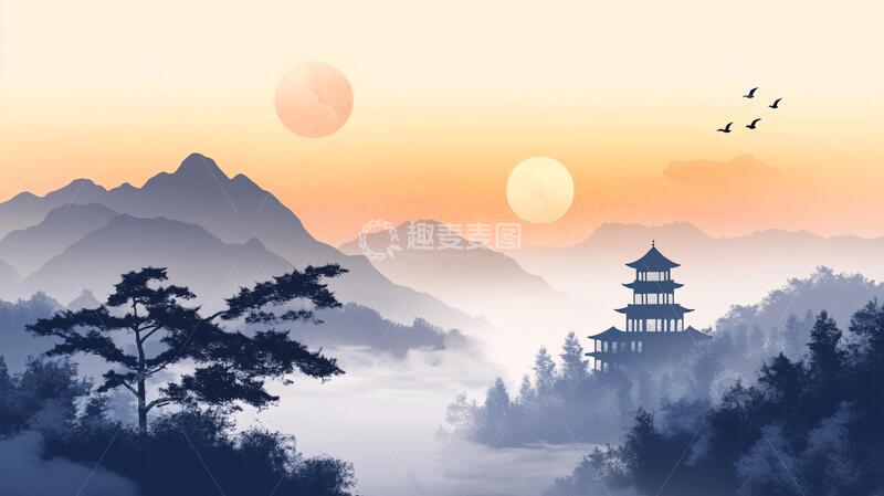 高清大图下载【趣麦麦图】中式山水日出4