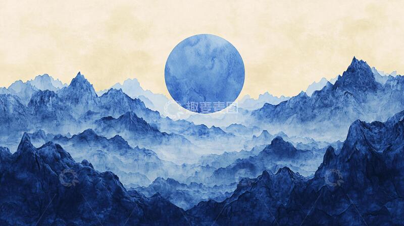 高清大图下载【趣麦麦图】日落水墨画日落群山1