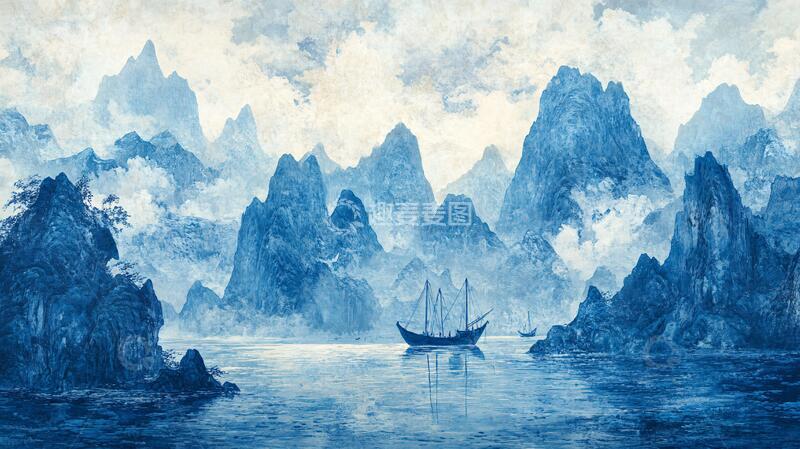 高清大图下载【趣麦麦图】蓝调山水画蓝色水彩经典
