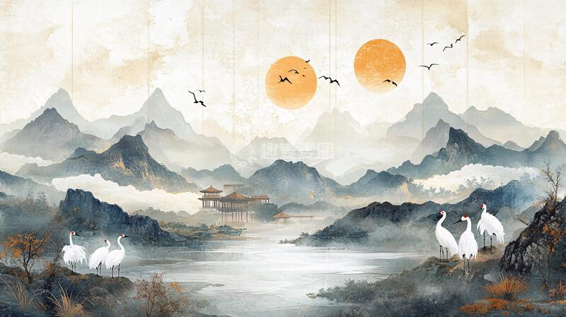 高清大图下载【趣麦麦图】仙鹤古风山水插画