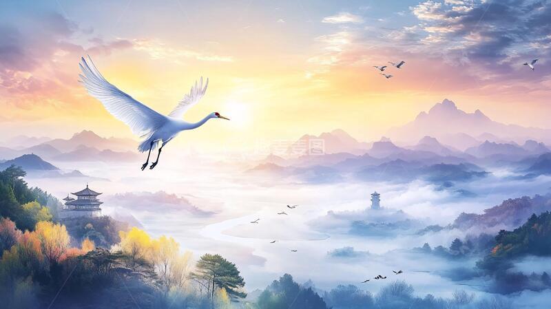 高清大图下载【趣麦麦图】仙鹤古风山水插画1