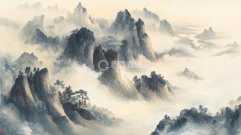 高清大图下载【趣麦麦图】高山烟云客厅挂画