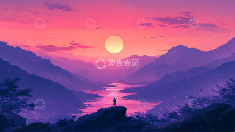 高清大图下载【趣麦麦图】看日出插画插画黄昏落日