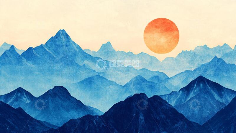 高清大图下载【趣麦麦图】红日水墨山水3