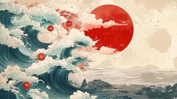 插画红日插画日式浪花
