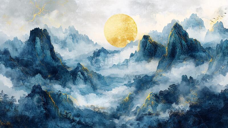 高清大图下载【趣麦麦图】日落水墨画日落群山2