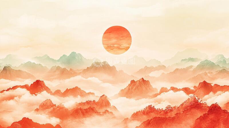 高清大图下载【趣麦麦图】红日水墨山水9