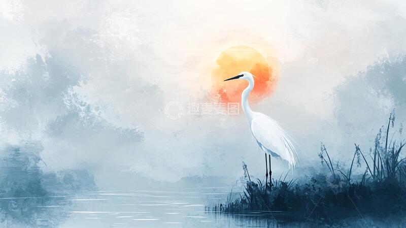 高清大图下载【趣麦麦图】唯美仙鹤风景插画
