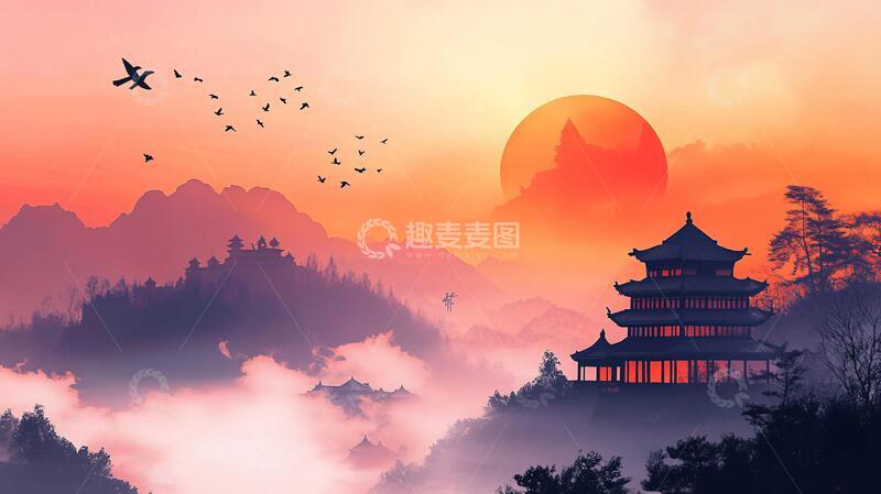 高清大图下载【趣麦麦图】楼阁山水意境画