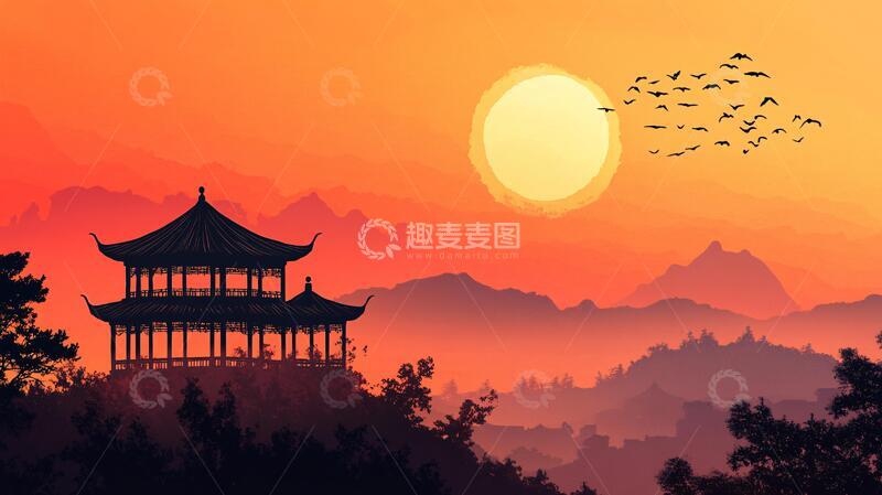 高清大图下载【趣麦麦图】爱晚亭插画插画仙鹤意境