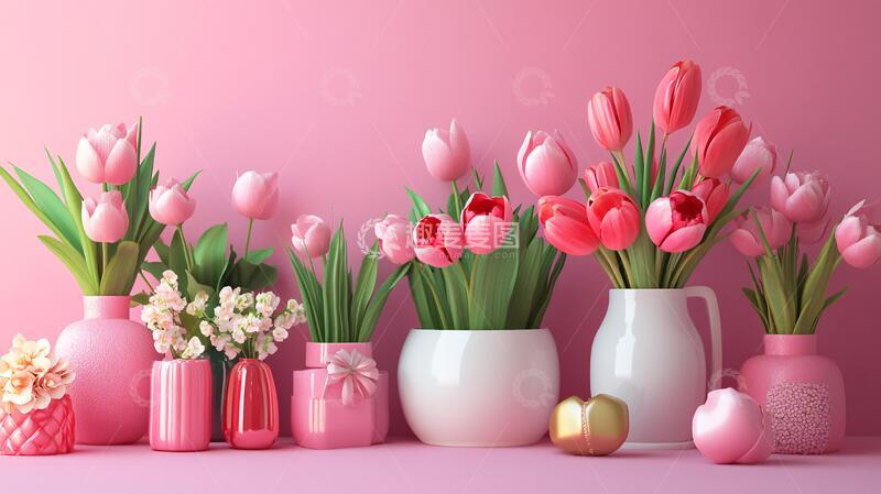 高清大图下载【趣麦麦图】郁金香花瓶花瓶粉色花卉