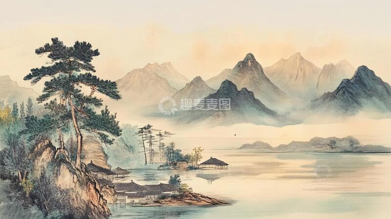 高清大图下载【趣麦麦图】中式山湖插画1