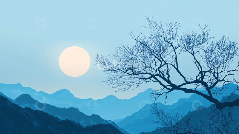 高清大图下载【趣麦麦图】红日水墨山水4