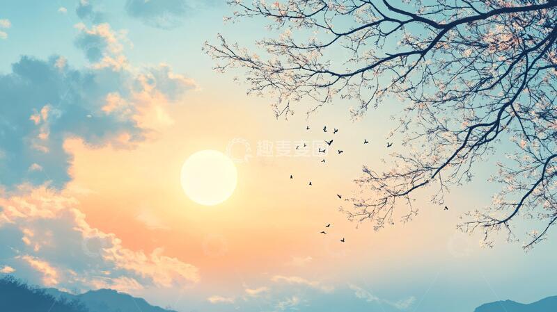 高清大图下载【趣麦麦图】飞鸟远山太阳
