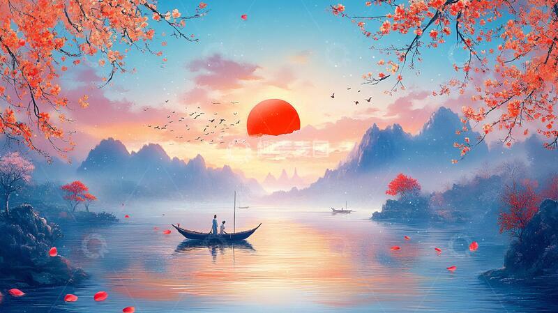 高清大图下载【趣麦麦图】唯美插画意境山水画1