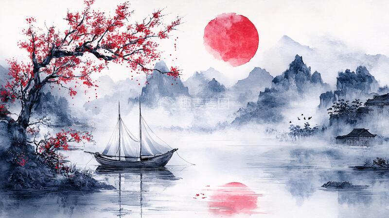 高清大图下载【趣麦麦图】红日水墨山水135