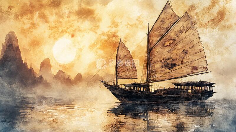 高清大图下载【趣麦麦图】古风帆船水墨帆船古风