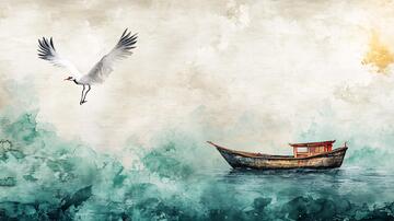孤舟插画小船水墨飞鸟