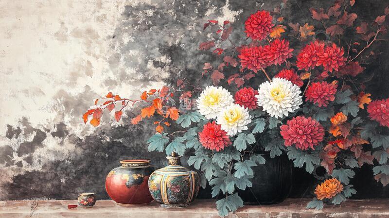 高清大图下载【趣麦麦图】静物菊花静物油画菊花