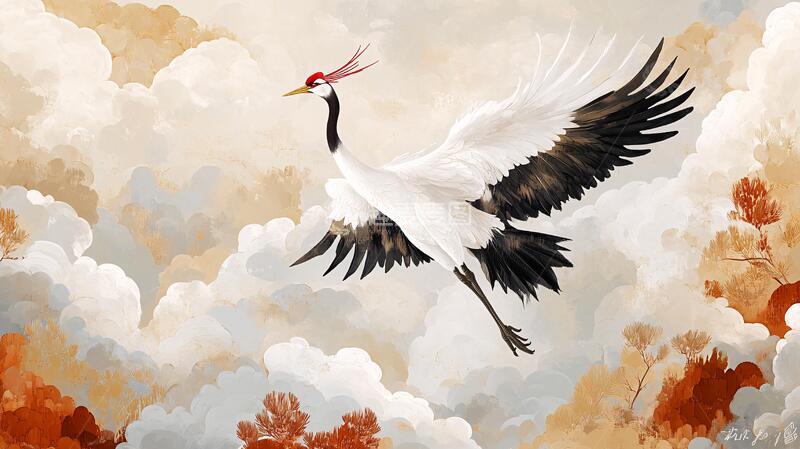 高清大图下载【趣麦麦图】仙鹤云海插画11