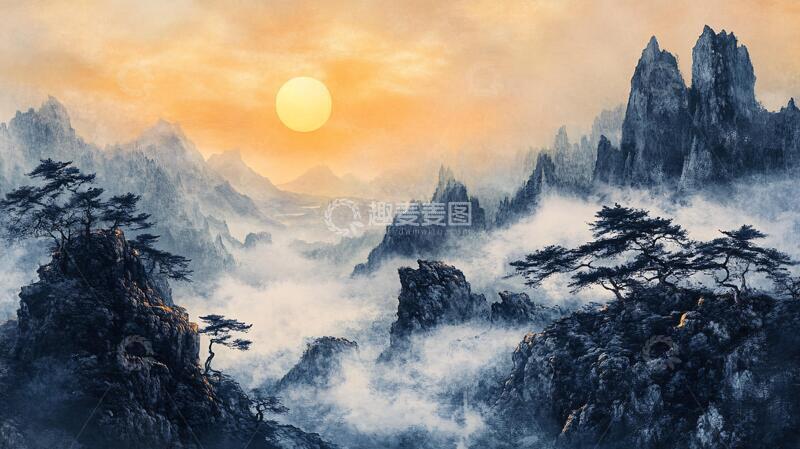 高清大图下载【趣麦麦图】旭日东升迎客松1