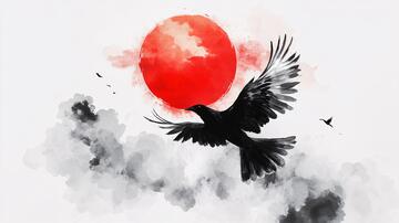 红日水墨插画红日飞鸟