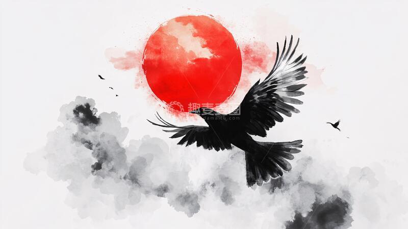 高清大图下载【趣麦麦图】红日水墨插画红日飞鸟