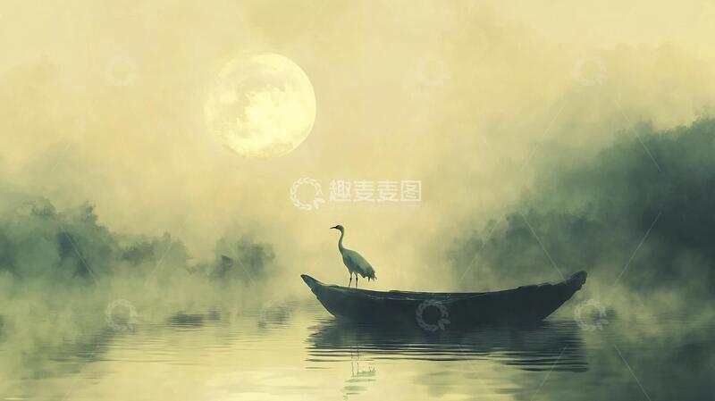 高清大图下载【趣麦麦图】孤舟插画插画意境梦幻