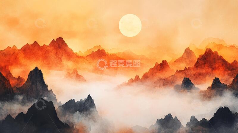 高清大图下载【趣麦麦图】红日水墨山水136
