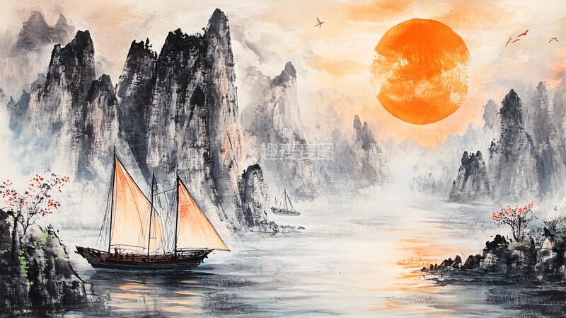 高清大图下载【趣麦麦图】红日水墨山水134