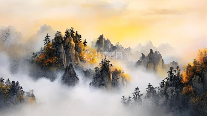 高清大图下载【趣麦麦图】淡雅金色烟雾山水3
