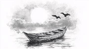 手绘孤舟小船手绘工笔