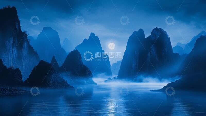 高清大图下载【趣麦麦图】漓江双月月色梦幻风光