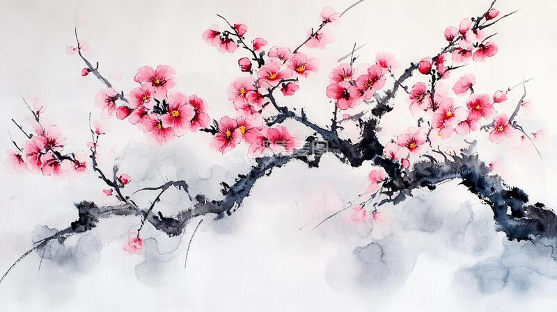 高清大图下载【趣麦麦图】红梅水彩画意境泼墨油画