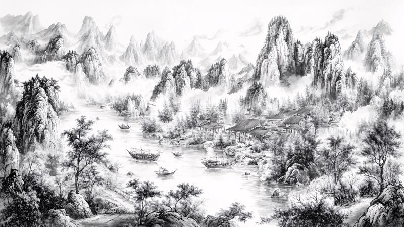 高清大图下载【趣麦麦图】水墨数字画山水画壁纸6